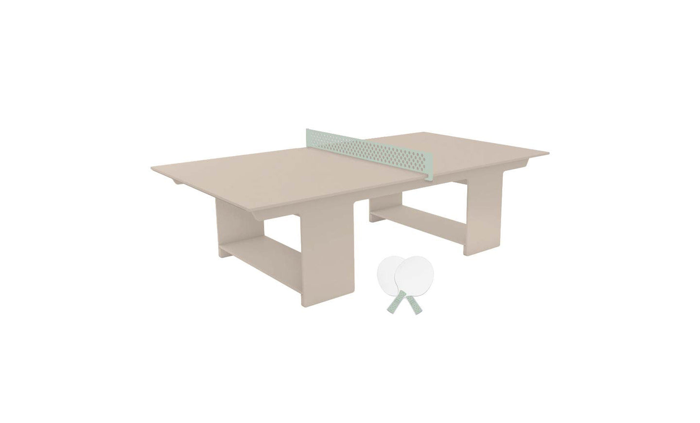 The Ledge Lounger Table Tennis Set features a minimalist beige table with a sleek light green net. Ideal for outdoor fun, it includes two matching beige paddles that complement the modern design.