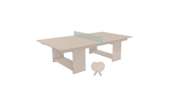 Displayed on a white background, the Ledge Lounger Table Tennis Set features a beige ping pong table with a green net and two crossed beige paddles, offering an ideal solution for outdoor entertainment.