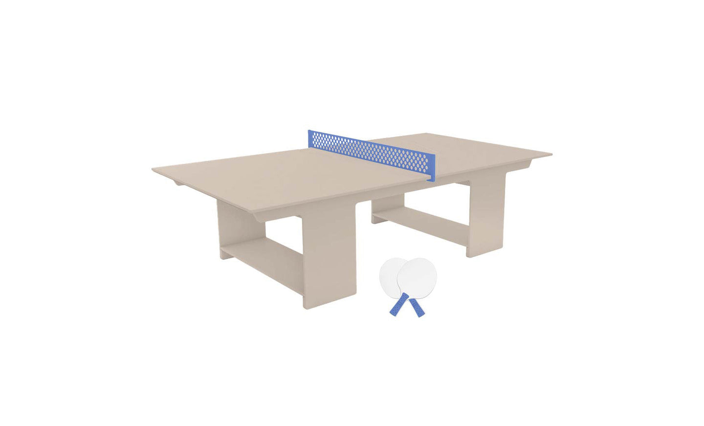 The Ledge Lounger Table Tennis Set is perfect for outdoor fun, featuring a stylish brown table, blue net, and two small white paddles.