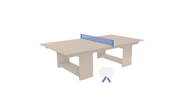 The Ledge Lounger Table Tennis Set is perfect for outdoor fun, featuring a stylish brown table, blue net, and two small white paddles.