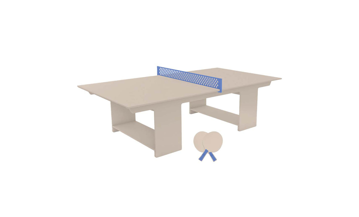 The Table Tennis Set by Ledge Lounger showcases a minimalist white table with a sleek blue mesh net. Two pristine paddles rest against it, blending simplicity and contemporary design, perfect for outdoor entertainment.