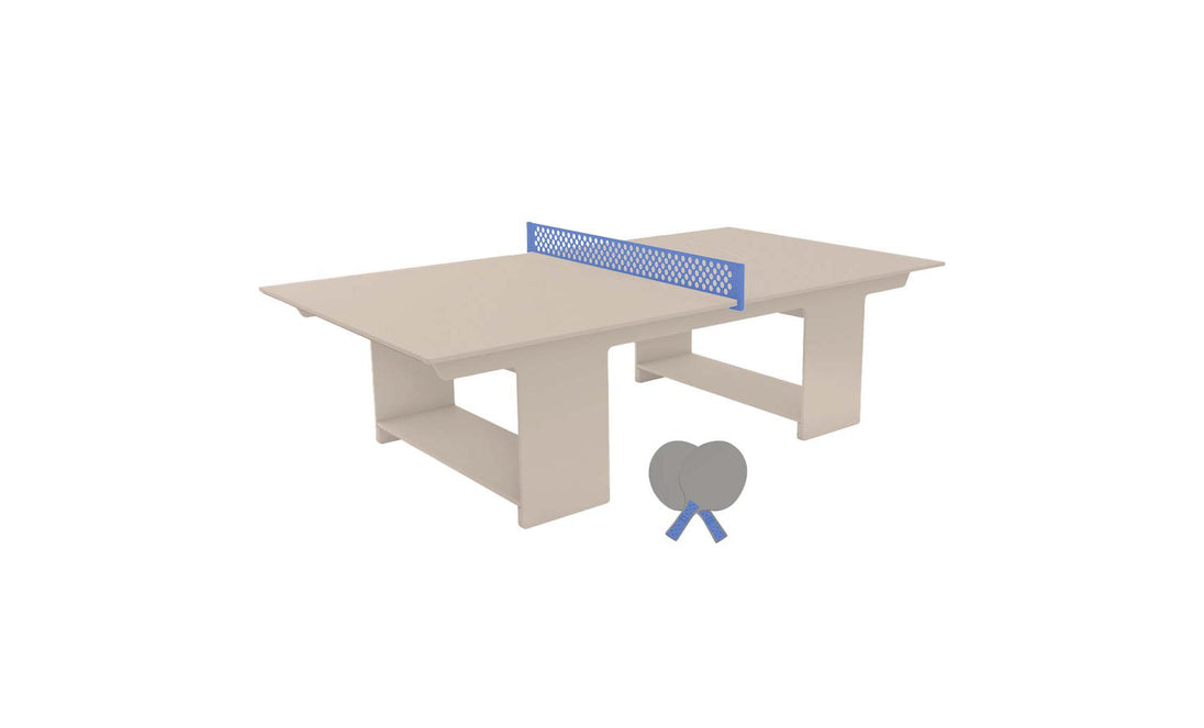The Ledge Lounger Table Tennis Set includes a blue net, two beige paddles, and a small ball. Ideal for outdoor fun, the table has a sleek design with rectangular legs and a minimalist style.