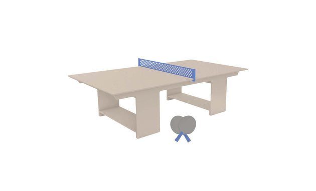 The Ledge Lounger Table Tennis Set includes a blue net, two beige paddles, and a small ball. Ideal for outdoor fun, the table has a sleek design with rectangular legs and a minimalist style.