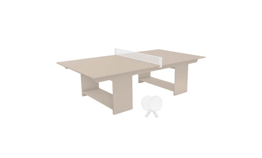 Beige table tennis table with a white net that’s perfect for outdoor fun. A Ledge Lounger Table Tennis Set, featuring two white paddles and a ping pong ball, is placed in front of it.