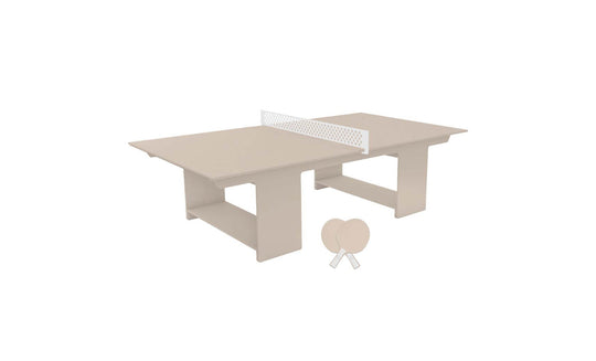 The Ledge Lounger Table Tennis Set is perfect for ping pong fans desiring stylish outdoor fun. It includes a central net and two matching paddles in beige, ideal for entertainment.