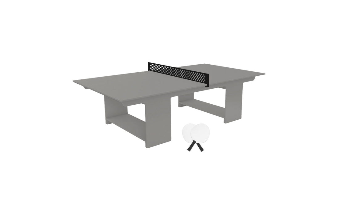 The Ledge Lounger Table Tennis Set is ideal for outdoor fun, featuring a gray table with a net, two paddles with white handles, and three white balls—perfect for a game of ping pong.