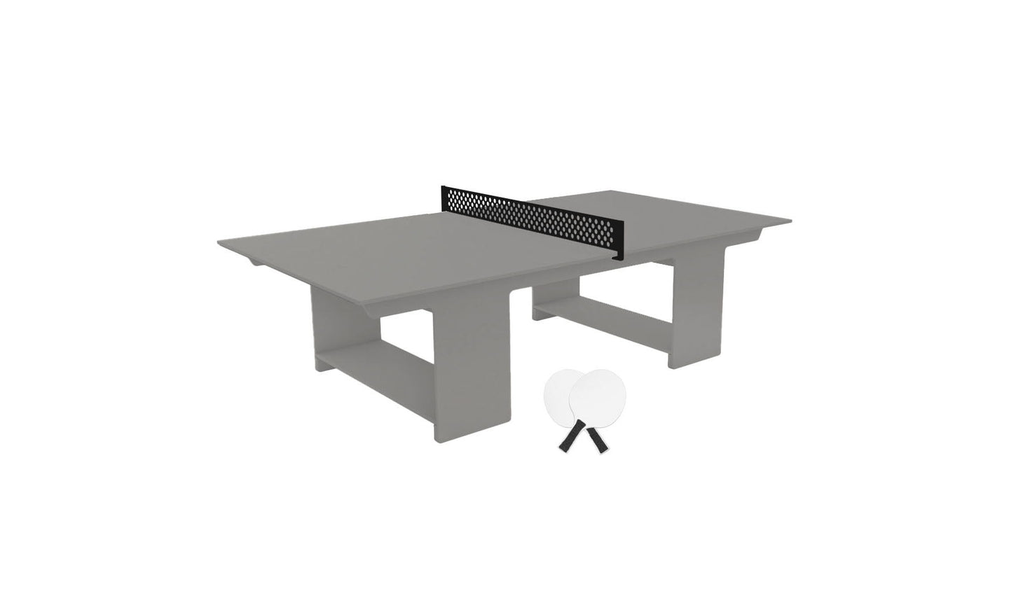 The Ledge Lounger Table Tennis Set is ideal for outdoor fun, featuring a gray table with a net, two paddles with white handles, and three white balls—perfect for a game of ping pong.