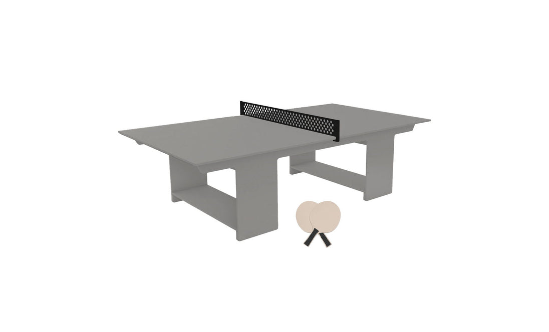 A Ledge Lounger Table Tennis Set featuring a gray table with a black net, two light-colored paddles, and two balls is showcased against a plain white background, perfect for outdoor entertainment and endless fun.