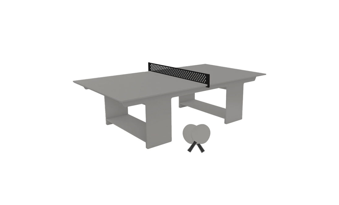 The Ledge Lounger Table Tennis Set features a gray table, a black net at the center, two gray paddles, and a ball. Its open-leg design offers a boxy look, perfect for outdoor fun at any patio or backyard gathering.