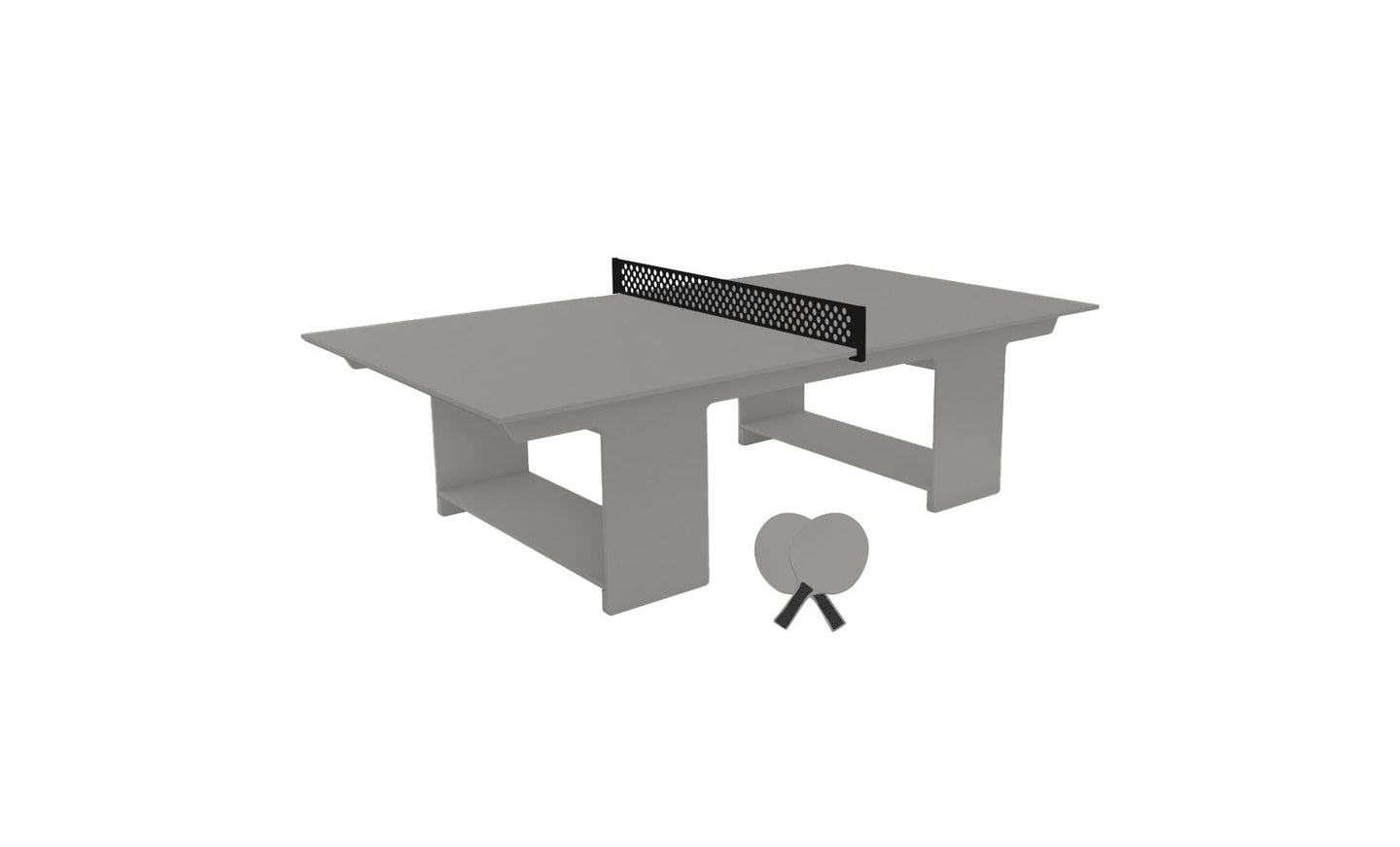 The Ledge Lounger Table Tennis Set features a gray table, a black net at the center, two gray paddles, and a ball. Its open-leg design offers a boxy look, perfect for outdoor fun at any patio or backyard gathering.