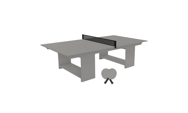 The Ledge Lounger Table Tennis Set features a gray table, a black net at the center, two gray paddles, and a ball. Its open-leg design offers a boxy look, perfect for outdoor fun at any patio or backyard gathering.