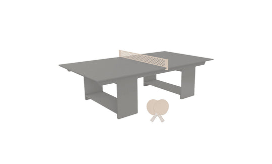 Enjoy outdoor fun with the Ledge Lounger Table Tennis Set. This gray miniature table includes a center net and comes with two white ping pong paddles crossed elegantly in front, ready for action.
