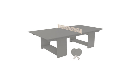 The Ledge Lounger Table Tennis Set features a grey table with a beige net, sleek design, and sturdy legs for outdoor entertainment. It includes two grey paddles and a ball, perfect for lively ping pong matches.