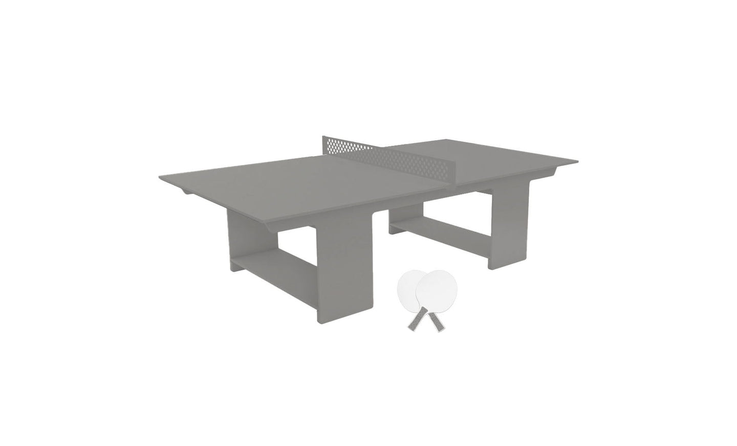 The Ledge Lounger Table Tennis Set includes a gray table with a net, two white paddles, and a ball beneath. This modern, minimal setup is perfect for outdoor entertainment.