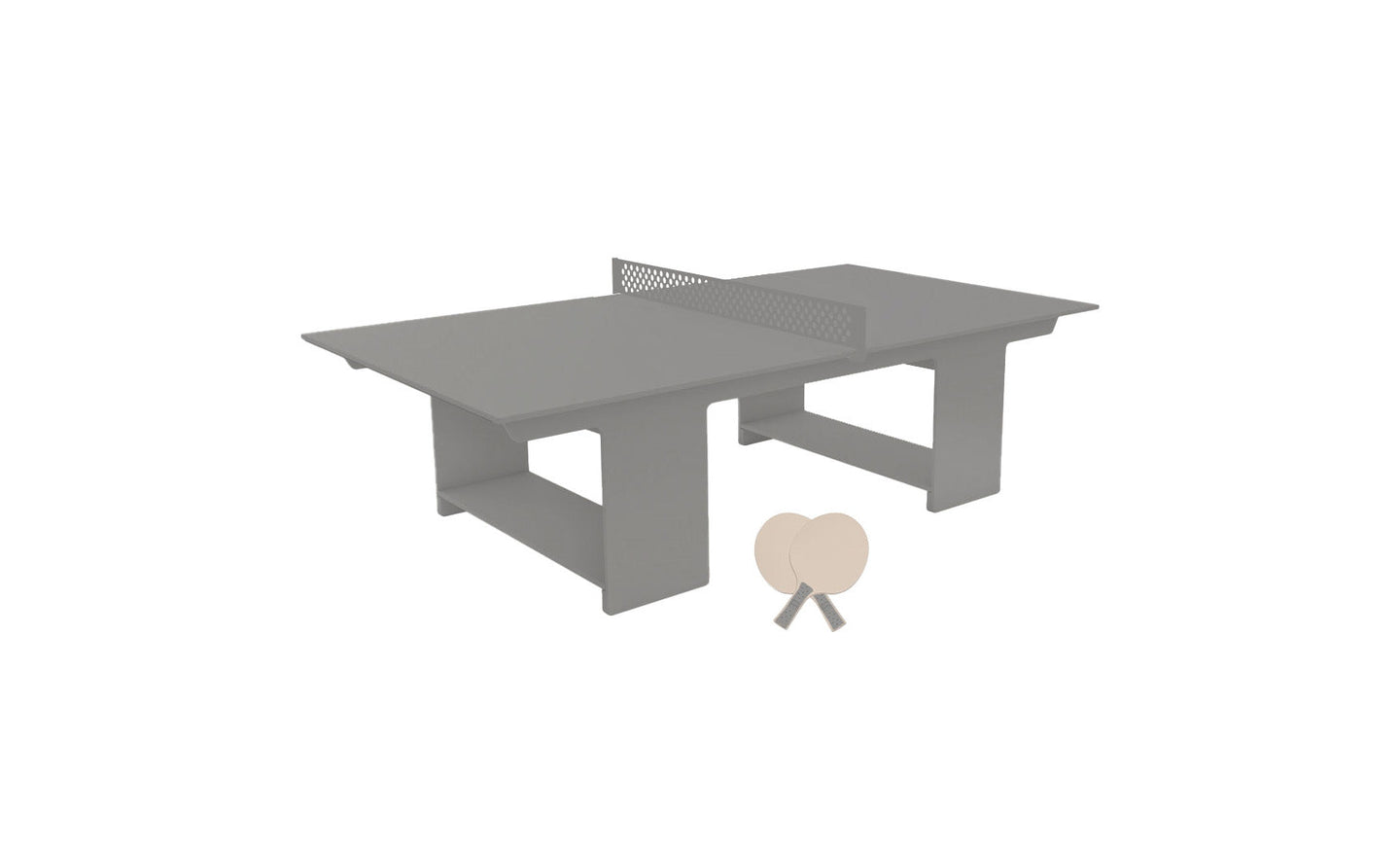 The Ledge Lounger Table Tennis Set is a minimalist, gray outdoor entertainment piece featuring a net at its center. It includes two light-colored paddles leaning against its modern, angular design, making it ideal for any contemporary space.