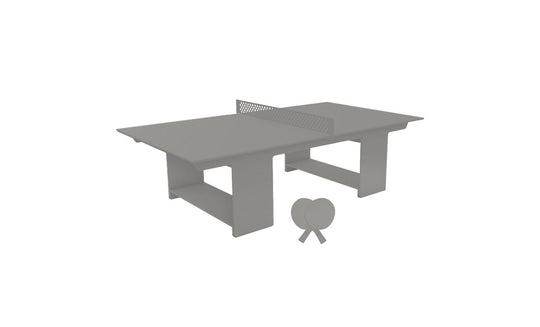 The Ledge Lounger Table Tennis Set includes a gray table with net, two paddles, and a ball, providing ideal outdoor entertainment for all ages.