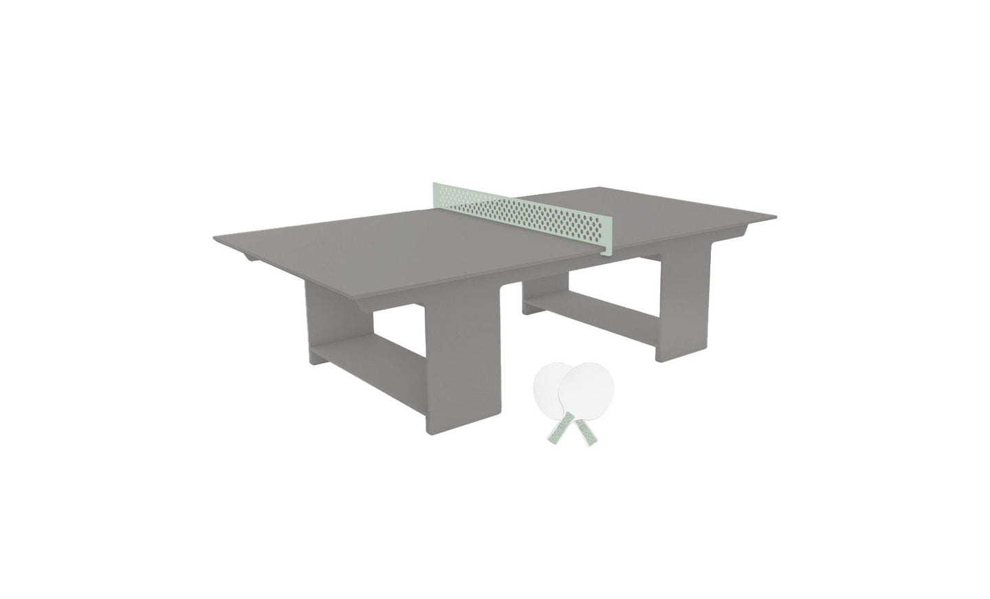 The Ledge Lounger Table Tennis Set enhances outdoor fun with a sleek gray table and light green net, plus two white paddles and balls ready for play.