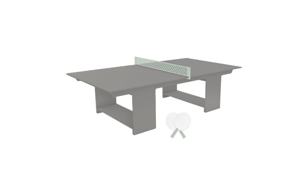 The Ledge Lounger Table Tennis Set enhances outdoor fun with a sleek gray table and light green net, plus two white paddles and balls ready for play.