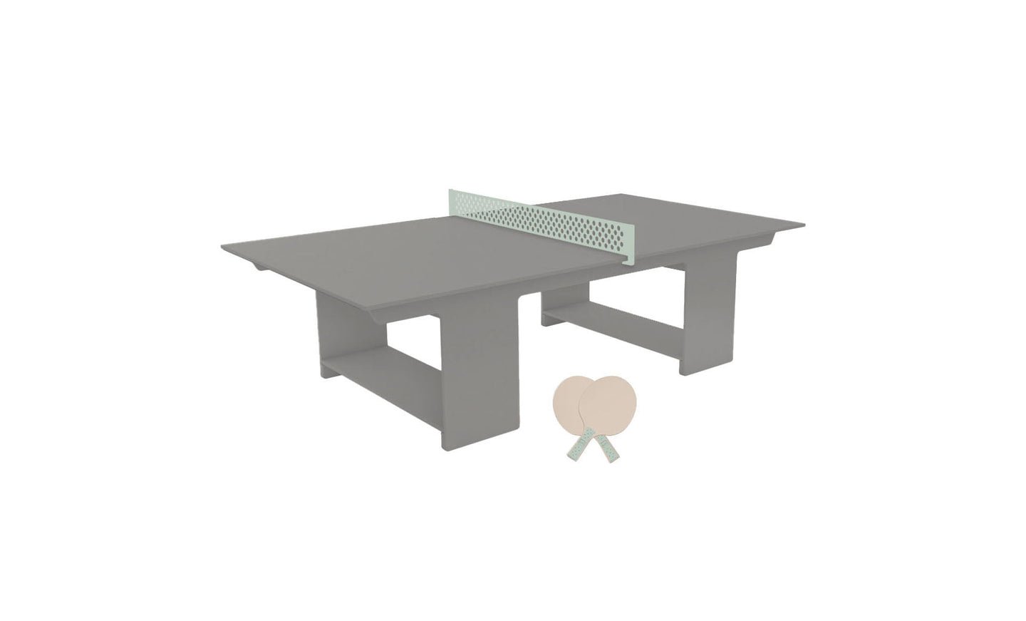 A gray, minimalist Table Tennis Set by Ledge Lounger features a light green net and simple rectangular legs, accompanied by two beige paddles for outdoor entertainment.