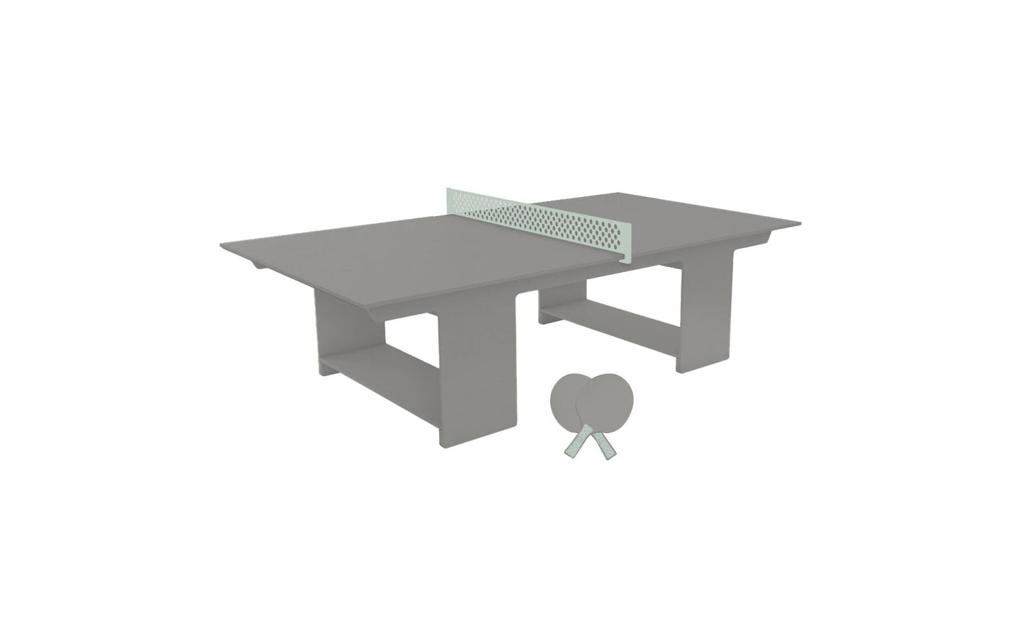 The Ledge Lounger Table Tennis Set features a minimalist gray table with a light green net and two gray paddles leaning against one of its legs, making it perfect for any outdoor entertainment setup.