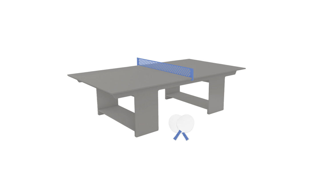 The Table Tennis Set by Ledge Lounger is ideal for ping pong enthusiasts, featuring a minimalist gray design with a sleek blue net, two paddles, and two balls, perfect for outdoor fun with friends or family.