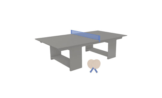 The Ledge Lounger Table Tennis Set includes a gray table with square legs, a blue net, two beige paddles, and a ball, featuring a minimalistic design ideal for outdoor entertainment.