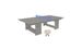 The Ledge Lounger Table Tennis Set includes a gray table with square legs, a blue net, two beige paddles, and a ball, featuring a minimalistic design ideal for outdoor entertainment.