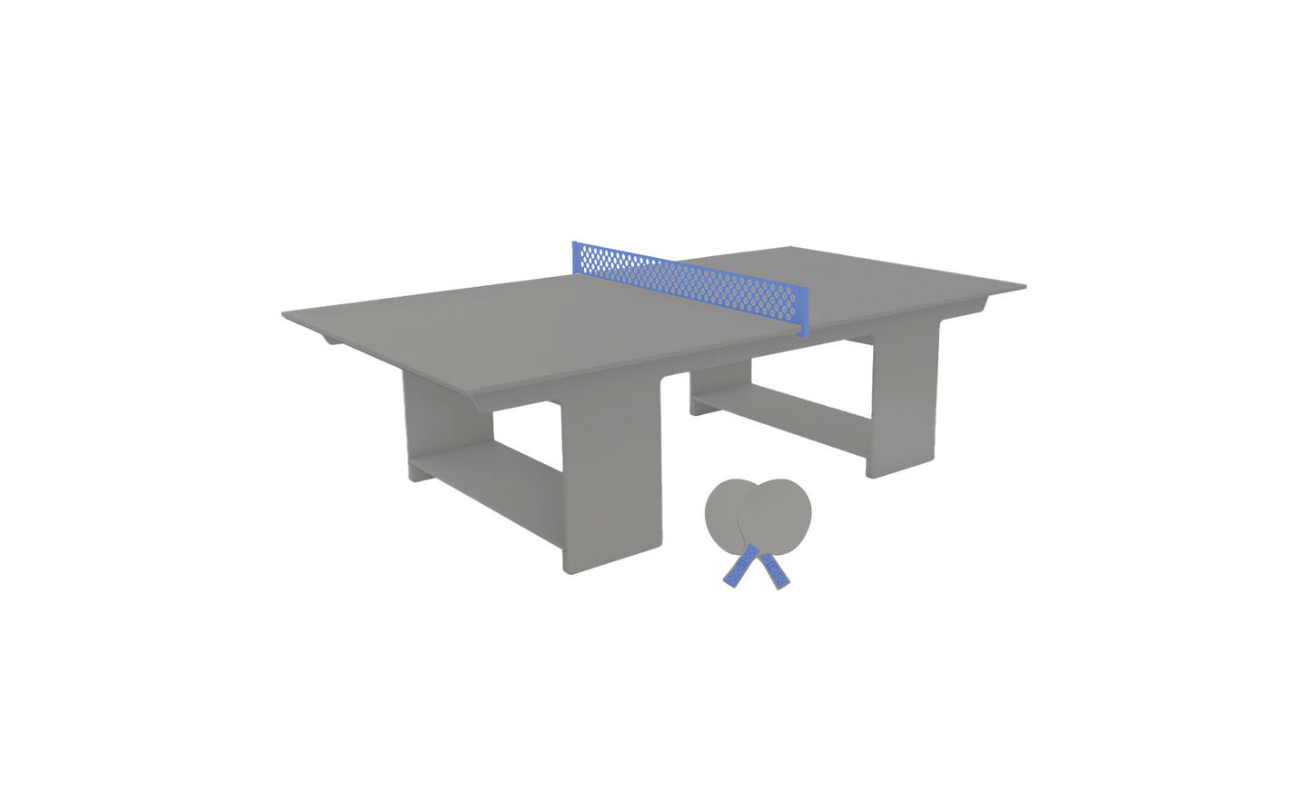 The Ledge Lounger Table Tennis Set features a minimalist, abstract design with a gray table, blue net, and two paddles. It includes solid supports and is ideal for outdoor entertainment enthusiasts.
