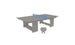 The Ledge Lounger Table Tennis Set features a minimalist, abstract design with a gray table, blue net, and two paddles. It includes solid supports and is ideal for outdoor entertainment enthusiasts.