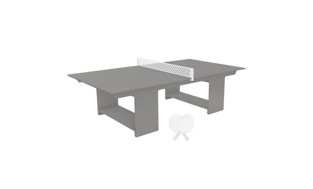 The Ledge Lounger Table Tennis Set features a gray ping pong table with a white net, two white paddles, and a ball, all set against a white background.