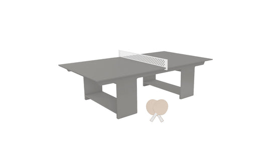 Ledge Loungers Table Tennis Set, featuring a minimalist design with gray tabletop and white net, is perfect for outdoor fun. It includes two beige paddles and stands on sleek rectangular supports, ideal for any ping pong enthusiast.