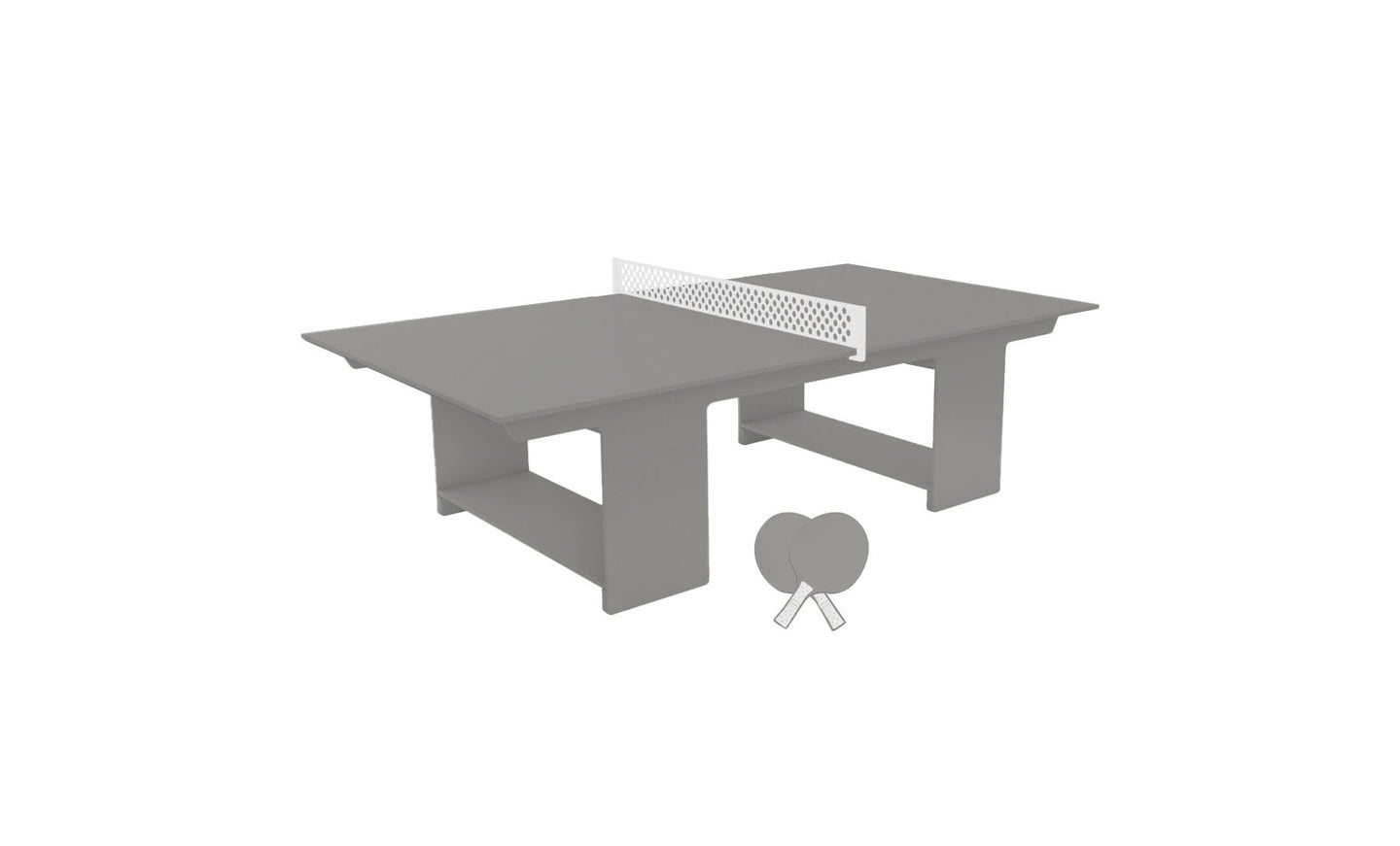 A 3D rendering of Ledge Loungers Table Tennis Set, featuring a modern concrete table with a white net for outdoor fun, includes two paddles resting on the side, highlighting its minimalist design.