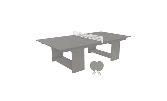 A 3D rendering of Ledge Loungers Table Tennis Set, featuring a modern concrete table with a white net for outdoor fun, includes two paddles resting on the side, highlighting its minimalist design.