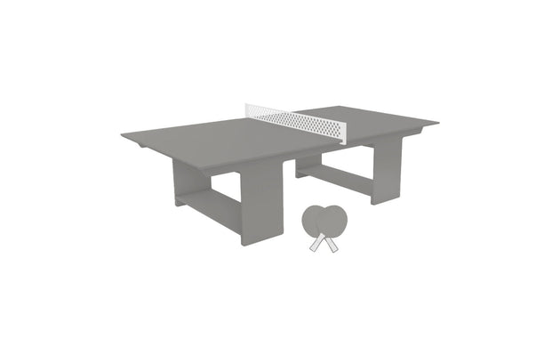 A 3D rendering of Ledge Loungers Table Tennis Set, featuring a modern concrete table with a white net for outdoor fun, includes two paddles resting on the side, highlighting its minimalist design.