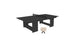 The Ledge Lounger Table Tennis Set features a minimalist dark table with a sleek black net, ideal as an outdoor entertainment centerpiece. Nearby, two light-colored paddles rest elegantly against each other on the floor.