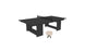 The Ledge Lounger Table Tennis Set features a minimalist dark table with a sleek black net, ideal as an outdoor entertainment centerpiece. Nearby, two light-colored paddles rest elegantly against each other on the floor.