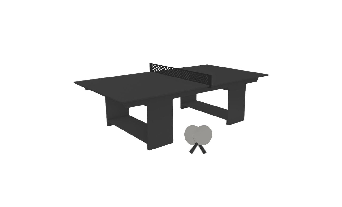 The Ledge Lounger Table Tennis Set is ready for outdoor fun with a modern black design and central net. Two gray rackets and a ball are included, ensuring engaging games. Its robust build offers style and functionality, perfect for any ping pong enthusiast.
