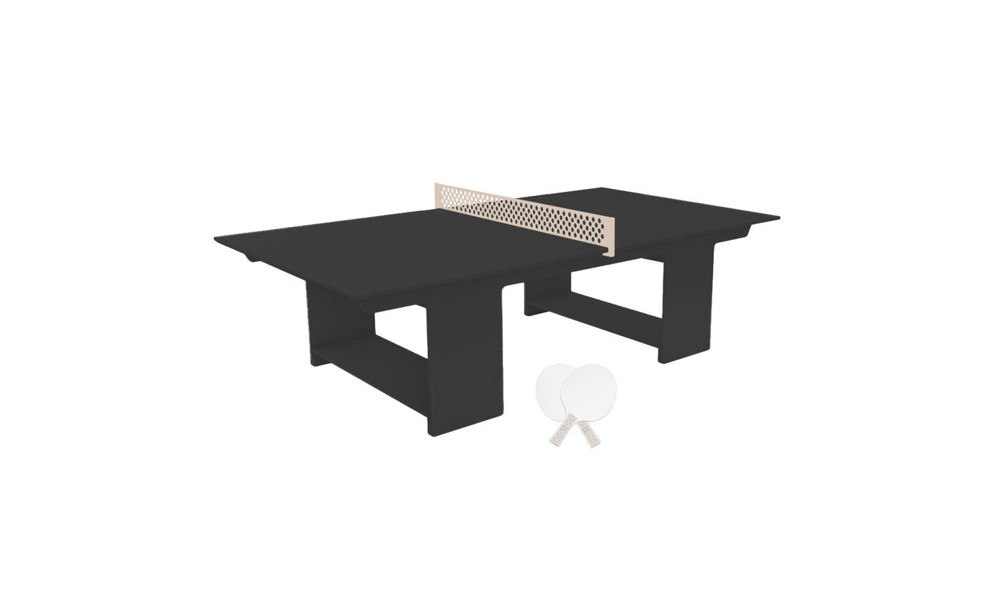 Ledge Loungers Table Tennis Set features a black table with a beige net, ideal for outdoor fun. It includes two white paddles and a white ball placed on the floor in front of its minimalist design and solid legs.