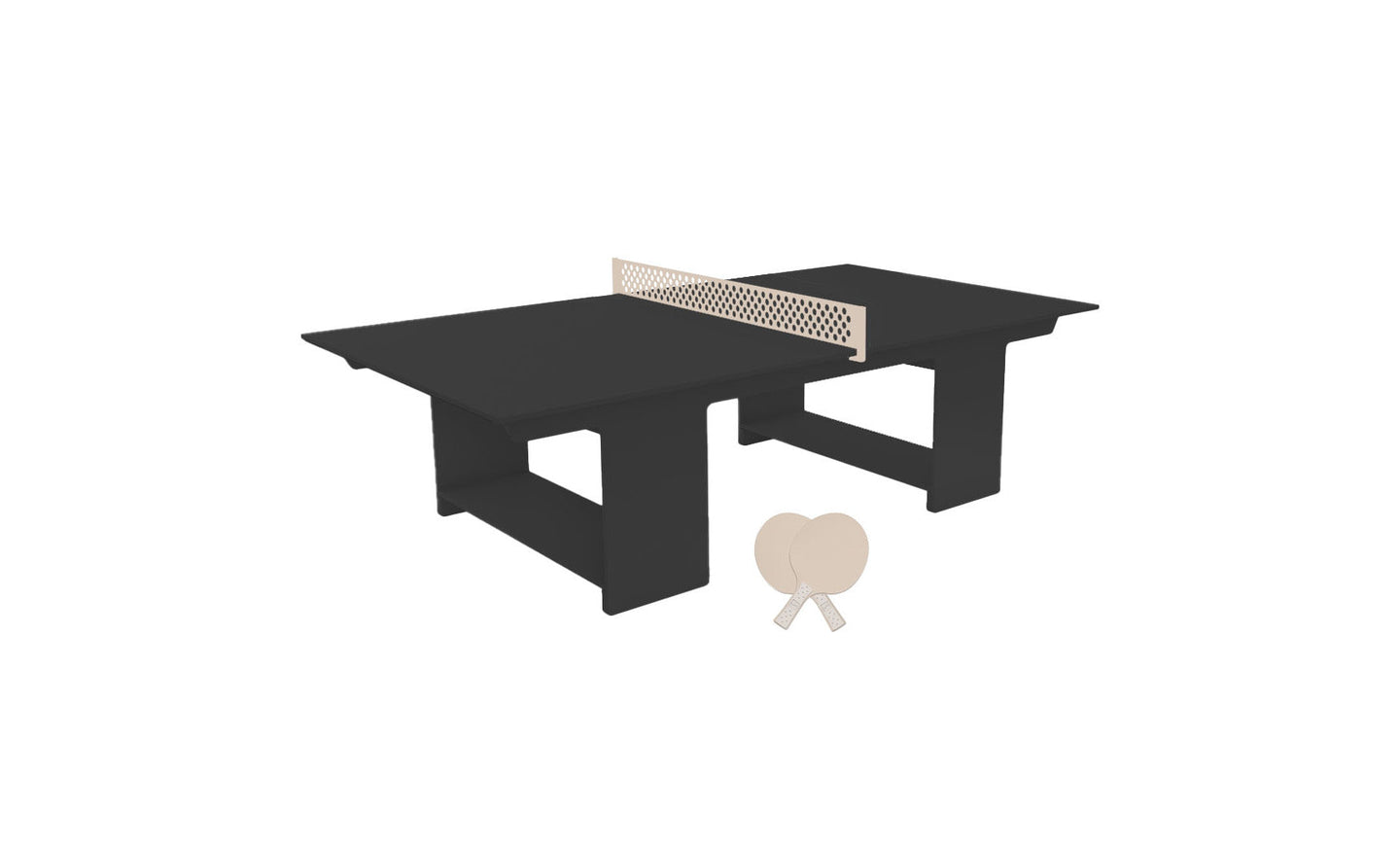 The Table Tennis Set by Ledge Lounger features a sleek black table with a beige net, ideal for outdoor fun. The minimalist set includes two beige paddles and a ball, exuding modern design.
