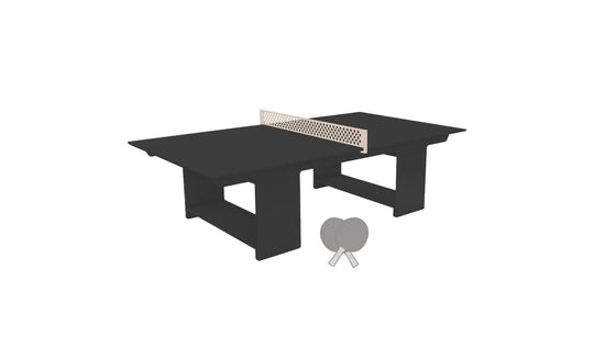 The Ledge Lounger Table Tennis Set features a stylish black table with a central white net. Ideal for outdoor fun, it includes two gray paddles set neatly on the ground, ready for an exciting ping pong match.