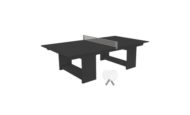 A sleek black Ledge Lounger Table Tennis Set features a rectangular table with a net, ready for your next match. Two white paddles and a ball offer action in this modern, minimalistic design—ideal for stylish outdoor entertainment enthusiasts.