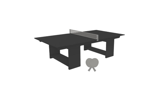 Illustration featuring Ledge Lounger’s modern Table Tennis Set with a dark surface and central net. Complete with two paddles leaning against each other, it promises endless outdoor entertainment.