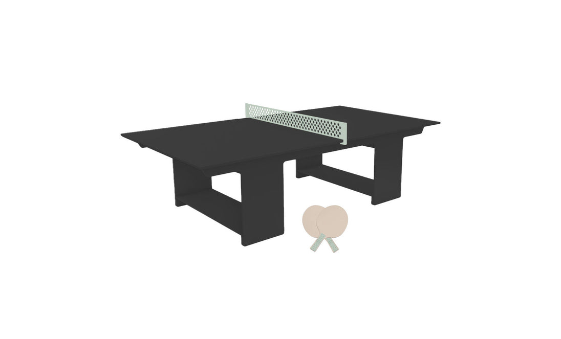 The Ledge Lounger Table Tennis Set showcases a modern black table, a light green net, and includes two beige paddles. Its wide, sturdy legs enhance the minimalist design, making it an elegant addition to any outdoor entertainment space.
