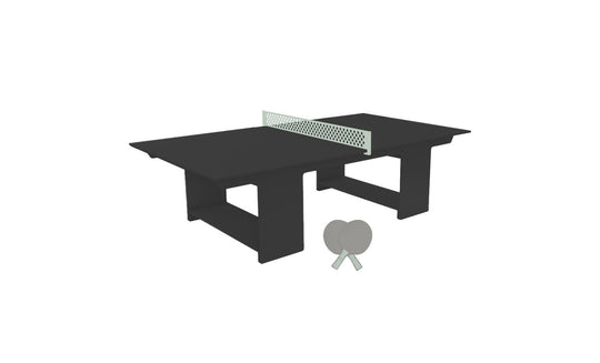 The Ledge Lounger Table Tennis Set includes a sleek black table with a green net and two gray paddles, ideal for outdoor fun, all displayed on a white background.