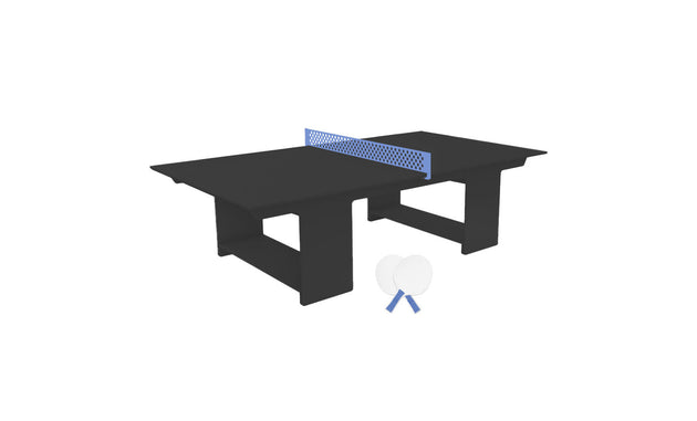 The Ledge Lounger Table Tennis Set features a sleek, black table with a blue net, promising endless outdoor fun. It includes two white paddles with blue handles and two white ping pong balls, perfectly suited for any setting.