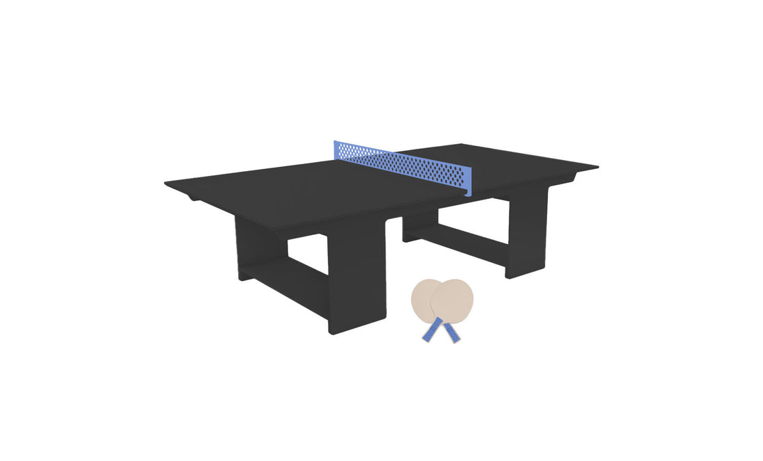 The Ledge Lounger Table Tennis Set includes a blue net and two beige paddles against a black table, set on a plain white background, ideal for outdoor entertainment and appealing to ping pong enthusiasts.