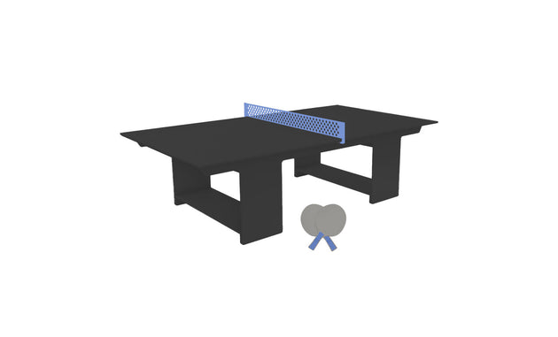 A Ledge Lounger Table Tennis Set is showcased, featuring a black table with a blue net. Two paddles lean against the legs and a ball rests nearby, ideal for outdoor fun. The setup stands out on a pristine white background.