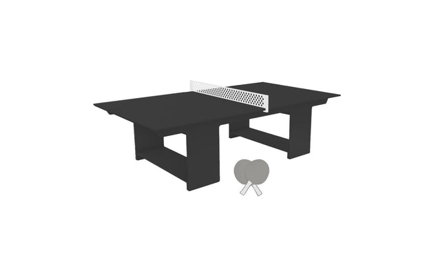 Ledge Loungers Table Tennis Set features a black table with a white net and two gray paddles. Its sturdy, modern design and solid base make it ideal for outdoor entertainment.
