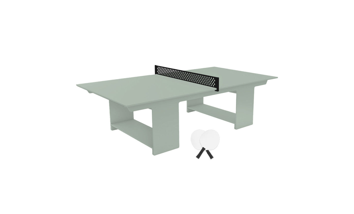 A minimalist gray rectangular ping pong table with a black net offers perfect outdoor entertainment. Its sleek, modern design is enhanced by two white paddles and balls from Ledge Loungers Table Tennis Set positioned next to it.