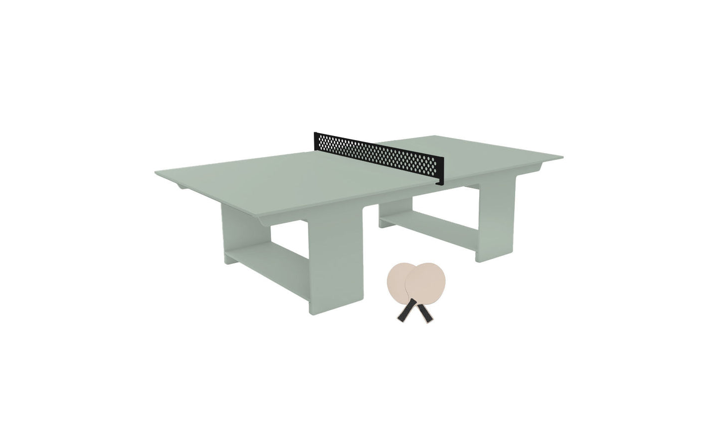 The Ledge Lounger Table Tennis Set features a light green table with a black net for outdoor fun. Two beige paddles are ready for play, and the modern block-style base adds a sleek touch to this inviting minimalist setup.